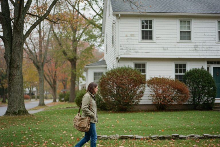 A person in their 30s wearing a light jacket walks past a suburban house with a well-maintained lawn and bushes.