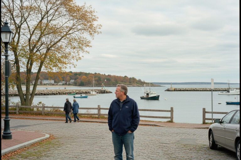 A person in their 40s wearing a simple jacket stands on a quiet street near Scituate Harbor, looking out at the water.