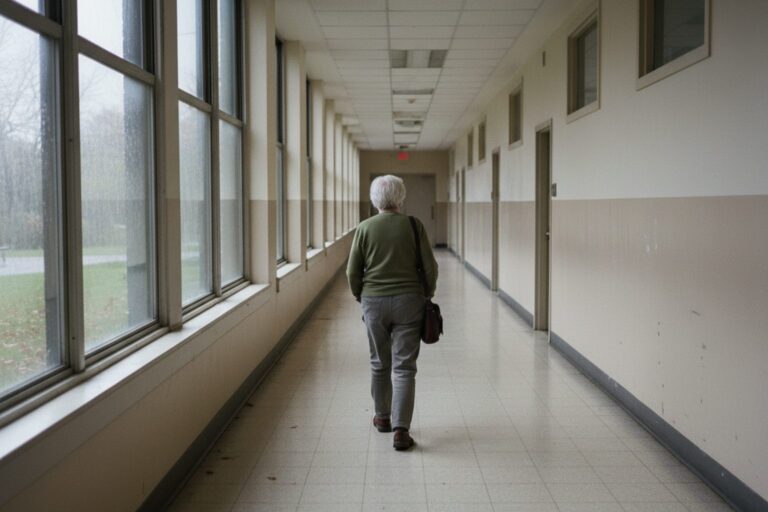 An older person with graying hair, wearing a plain shirt, walks down a long, empty institutional corridor with muted lighting.