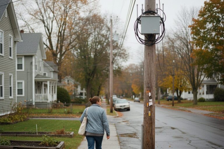 A person in their 40s wearing a light jacket walks past a tall, bare utility pole on a quiet street, with a small, unidentifiable box attached high up on the pole.