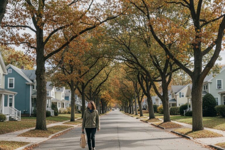 A person in their 40s wearing a light jacket walks along a quiet, tree-lined street in a residential neighborhood, carrying a reusable shopping bag.