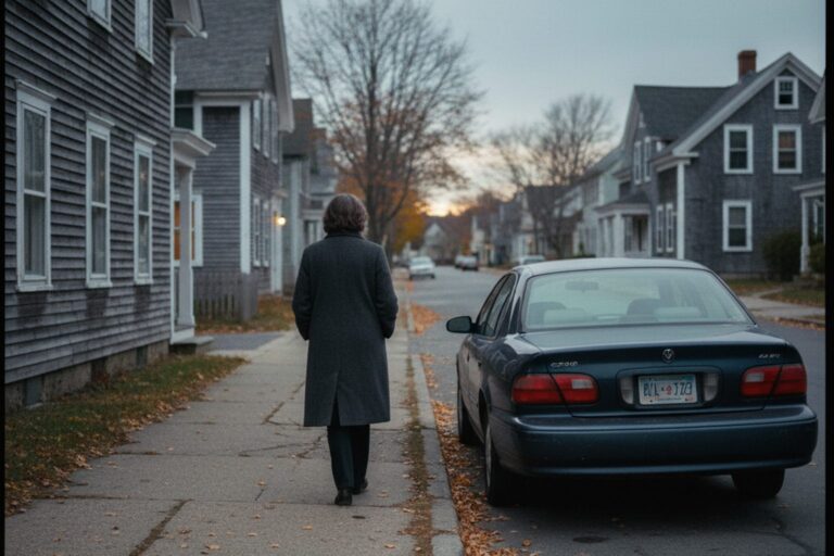 A person in their 50s wearing a dark coat walks along a quiet, empty street at dusk, past a parked, dark-colored sedan.