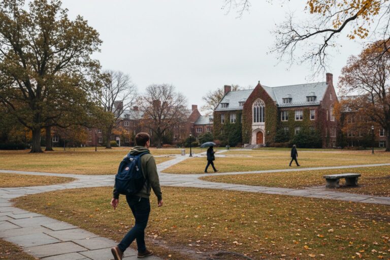 A person in their 20s wearing a backpack walks across a quiet university campus quad on a cloudy day, heading towards a distant building.