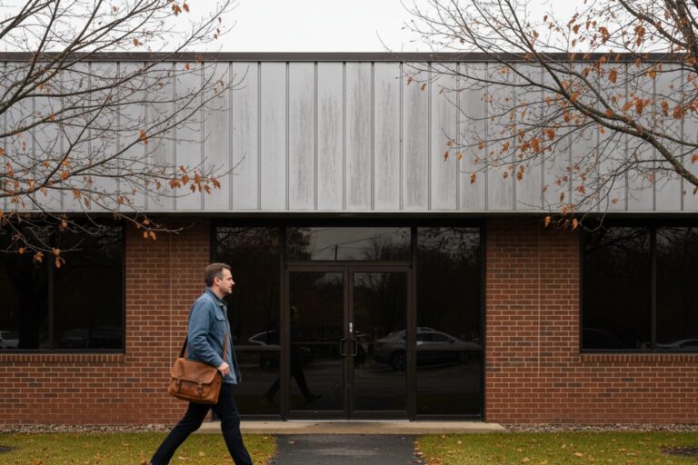 A person in their 30s wearing a light jacket walks past the closed doors of a suburban office park building.