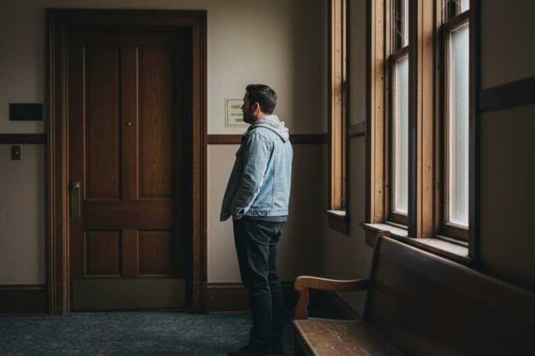 A person in their 30s wearing a light jacket stands in a quiet, empty hallway outside a courtroom, looking at a closed door.
