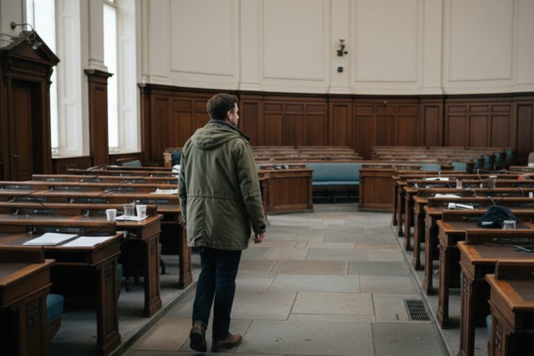 A person in their 30s wearing a casual jacket walks through an empty legislative chamber, looking at the rows of unoccupied seats.