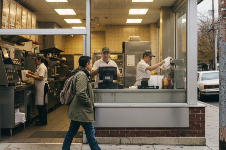A person in their 30s wearing a casual jacket walks past the brightly lit counter of a fast-food restaurant, where several employees are working in the background.