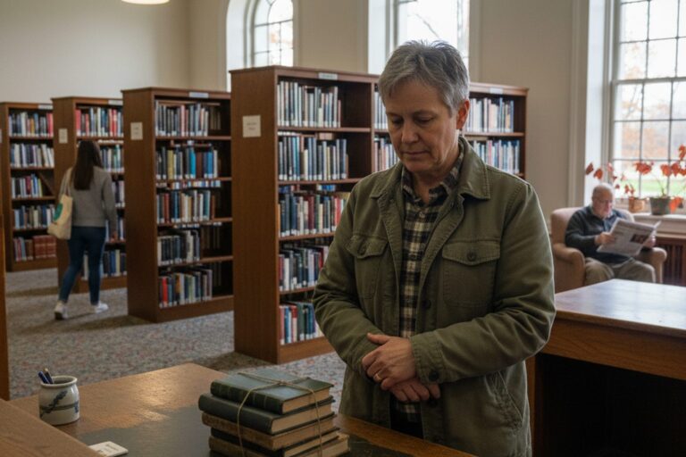 A person in their 50s wearing a casual jacket stands at a quiet, empty public library circulation desk, looking at a stack of unidentifiable bound volumes.