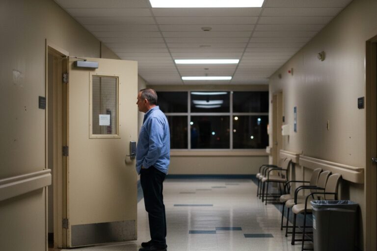 A person in their 40s wearing a simple shirt stands in a hospital corridor at night, looking at a closed door.