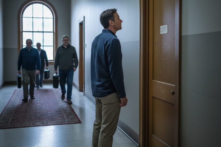 A person in their 40s wearing a plain shirt stands in a quiet courthouse hallway, looking at a closed, unmarked door.