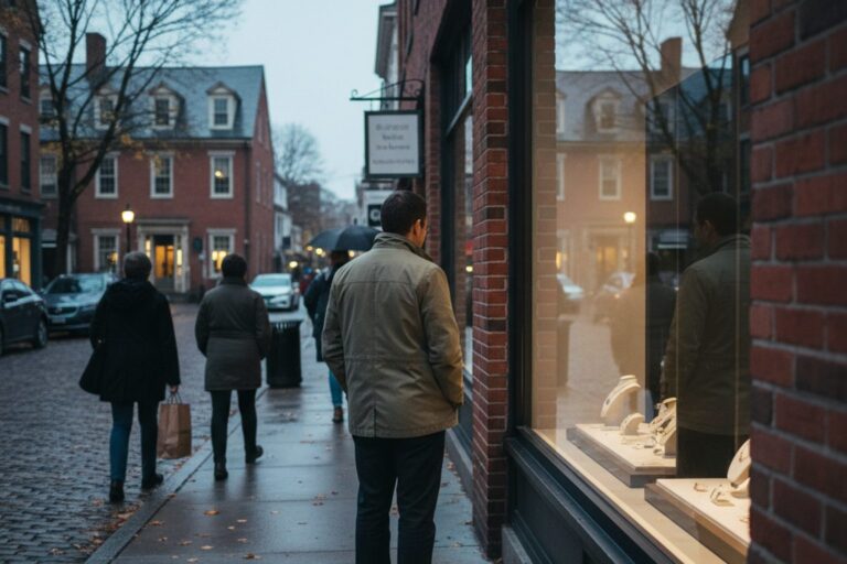 A person in their 30s wearing a light jacket stands outside a jewelry store at dusk, looking at the reflection of the street in the darkened display window.