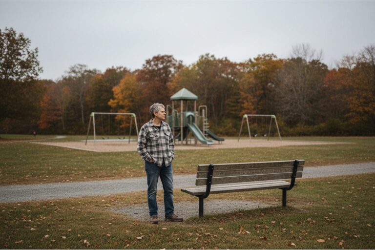 A person in their 40s wearing a casual shirt stands by a public park bench, looking at a distant, empty playground.