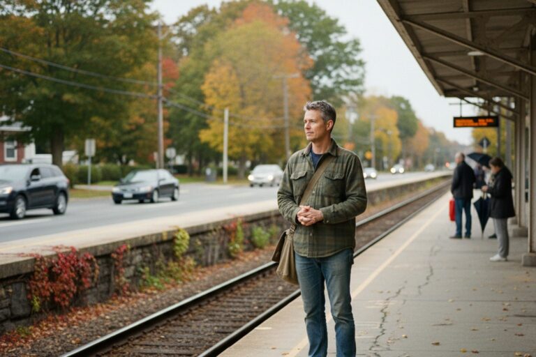 A person in their 40s wearing a casual shirt waits patiently at a public transit station platform, looking at the tracks.