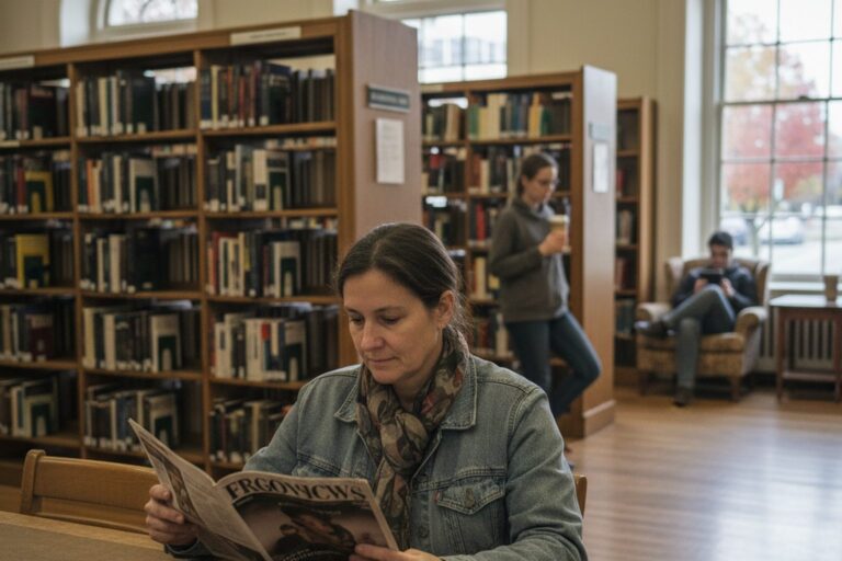 A person in their 40s wearing a casual jacket sits at a table in a quiet public library, reading a magazine.