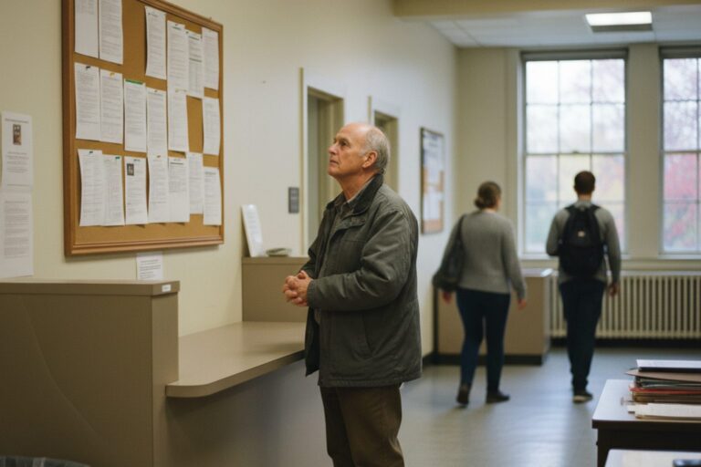 An older man in a plain jacket stands at a public counter in a quiet state office building, looking at a wall-mounted display of unreadable public notices.