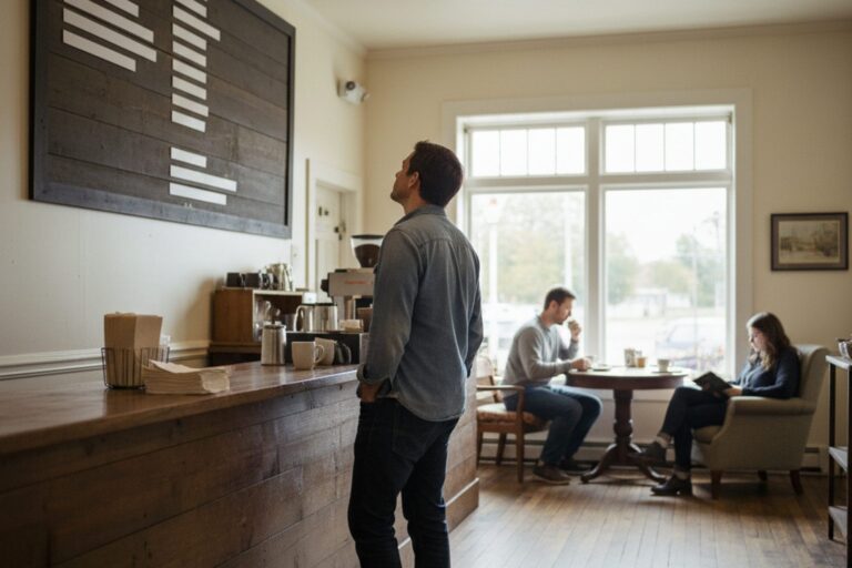 A person in their 30s wearing a casual shirt stands at a coffee shop counter, looking at a menu board with no discernible text.