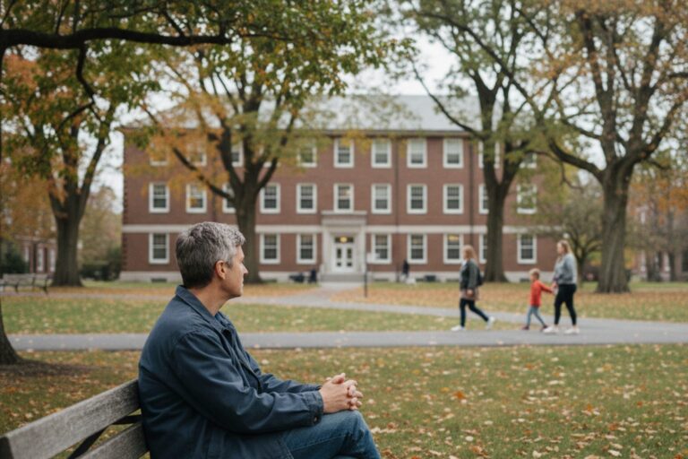 A person in their 40s wearing a casual jacket sits on a park bench, looking at a distant, generic building with several windows.