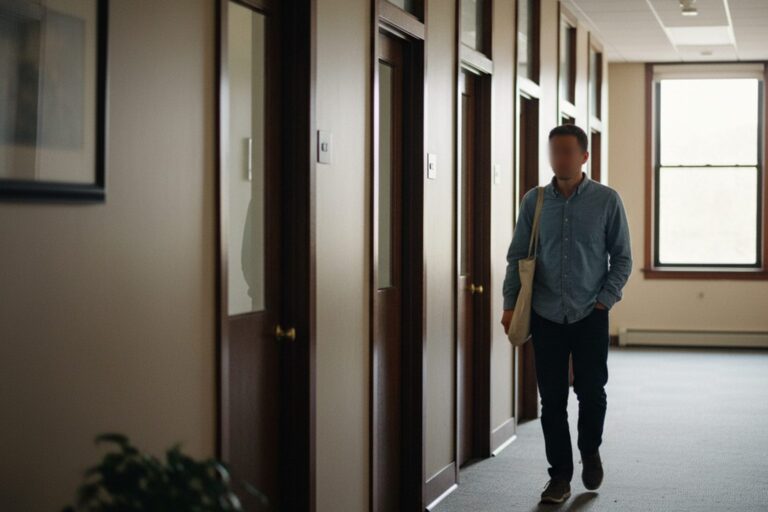 A person in their 30s wearing a casual shirt walks past a row of closed office doors in a quiet hallway.