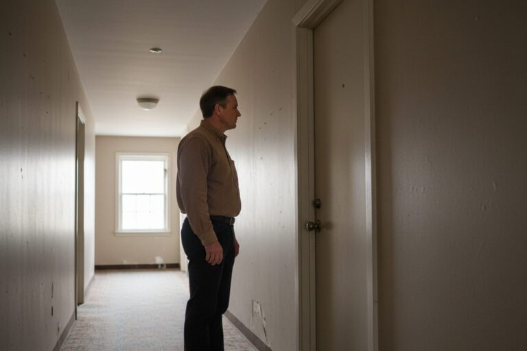 A person in their 50s wearing a long-sleeved shirt waits in a quiet, empty residential apartment building hallway, looking at a closed, unmarked door.