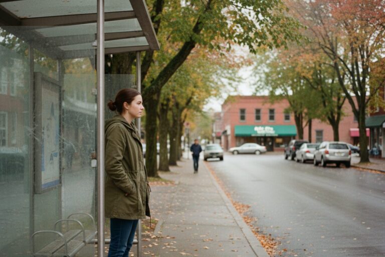 A young woman in a casual jacket stands at a bus stop shelter, looking down the empty street.
