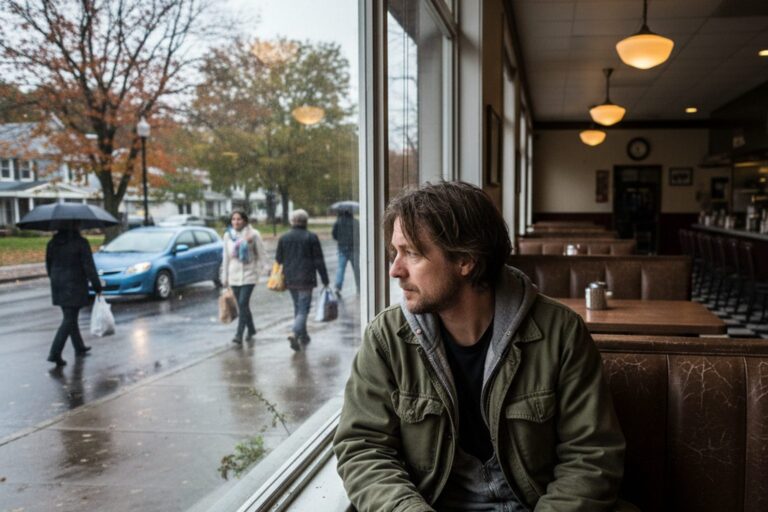 A person in their 30s wearing a casual jacket sits alone at a table in an otherwise empty restaurant booth, looking out the window at a street scene.