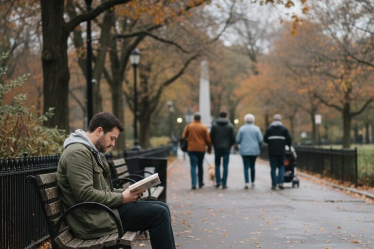 A person in their 30s wearing a casual jacket sits on a bench in a public park, quietly reading a paperback book.