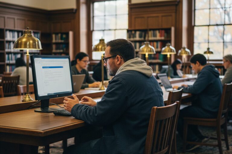 A person in their 30s wearing a casual jacket sits at a table in a public library, looking at a computer screen displaying a generic search engine page.