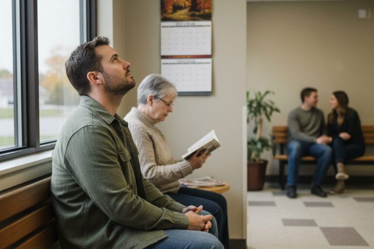 A person in their 30s wearing a casual jacket sits on a bench in a quiet waiting area of a medical clinic, looking at a wall calendar.