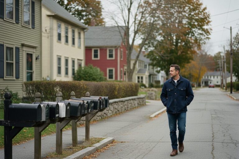 A person in their 30s wearing a casual jacket walks along a quiet, empty street past a row of residential mailboxes.