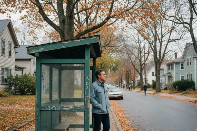 A person in their 40s wearing a light jacket waits at a bus stop, looking down a quiet residential street.