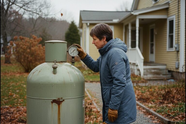 A person in their 40s wearing a winter coat stands next to an outdoor residential heating oil tank, looking at a gauge on its side.