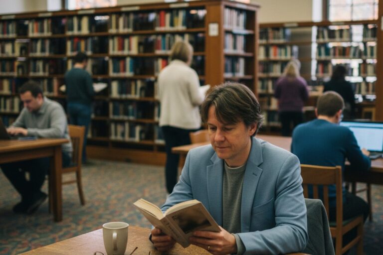A person in their 40s wearing a light blazer sits at a public library table, casually reading a book with an indistinct cover.