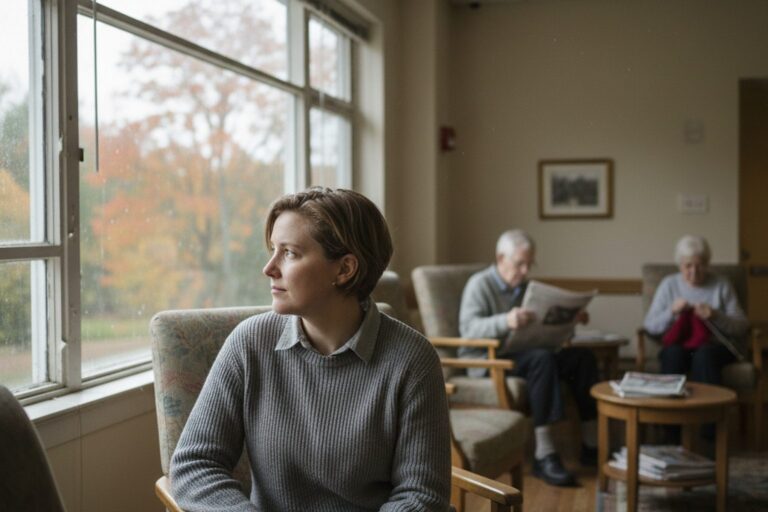 A person in their 30s wearing a simple sweater sits in a quiet assisted living facility common room, looking out a window.