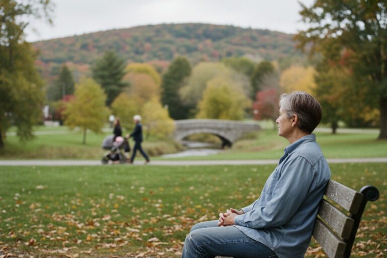 A person in their 50s wearing a simple shirt sits alone on a bench in a quiet public park, looking at the distant trees.