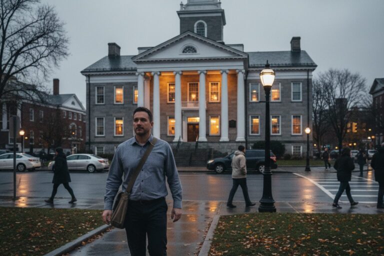 A person in their 30s wearing a simple shirt walks past a city hall building at dusk, with the building's lights just starting to come on.
