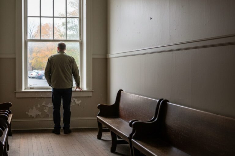 A man in his 50s wearing a light jacket stands looking out a window in a quiet, empty courthouse corridor.