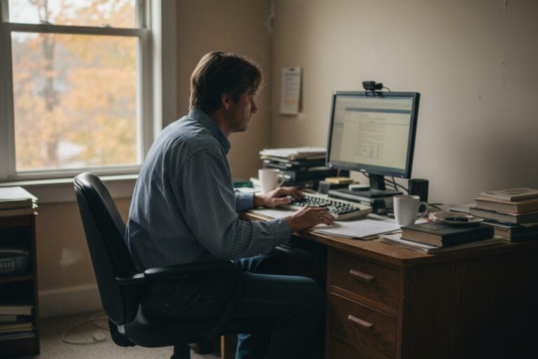 A person in their 40s wearing a button-down shirt sits at a desk in a quiet office, looking at a computer monitor displaying an unidentifiable document.