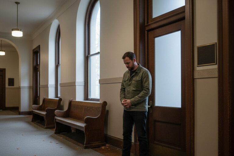 A person in their 30s wearing a casual jacket stands in a quiet, empty hallway outside a courtroom, looking at the floor.