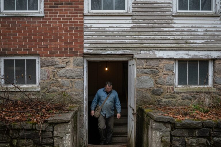 A person in their 40s wearing a work shirt walks past the entrance to a dimly lit residential basement, partially obscured by an open door.