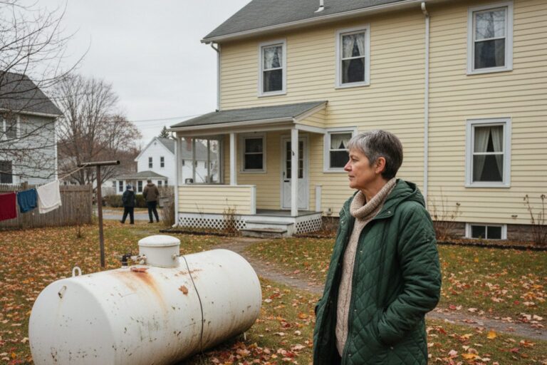A person in their 50s wearing a winter coat stands next to a residential oil tank in a suburban backyard, looking towards a house.