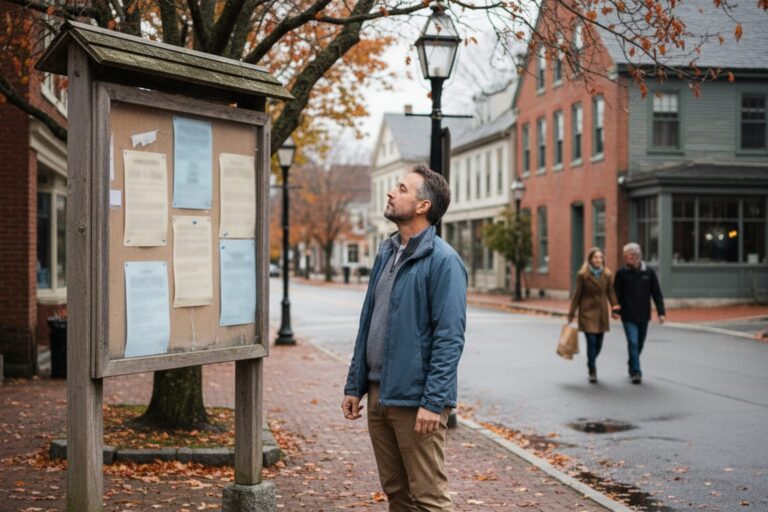 A person in their 40s wearing a casual jacket stands on a street corner, looking at a public information board displaying several unreadable notices.