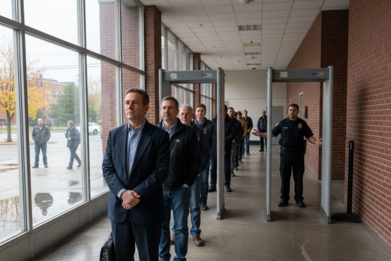 A person in their 40s wearing a business suit waits in a line of people approaching a metal detector at the entrance of a public building.