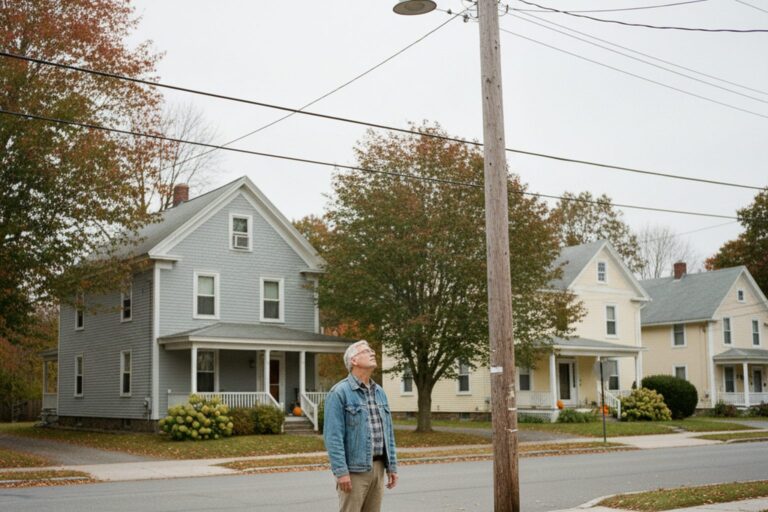A person in their 60s wearing a light jacket stands on a quiet residential street corner, looking up at a street light.