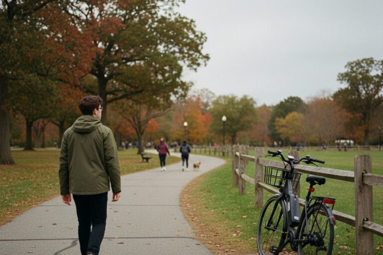 A young adult in a plain jacket walks along a paved bike path that runs alongside a quiet park, with an electric bicycle parked discreetly in the background.