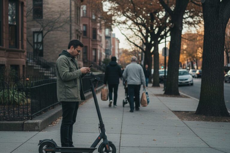 A person in their 30s wearing a casual jacket stands next to a parked electric scooter on a city sidewalk, looking at their phone as the sun begins to set.