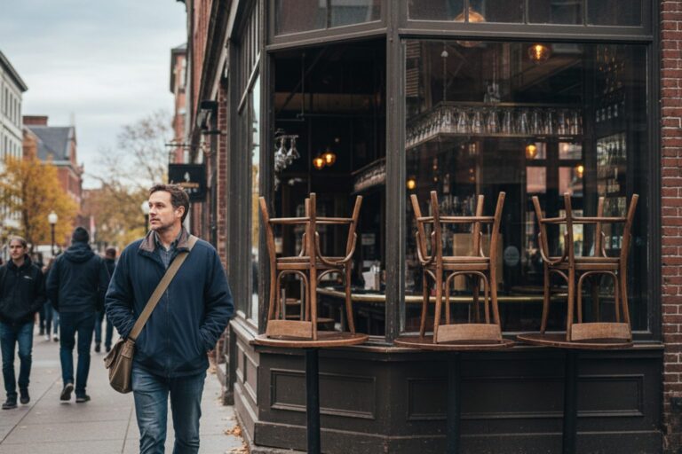 A person in their 30s wearing a casual jacket walks past a brightly lit, empty bar with overturned chairs on tables in a quiet city neighborhood.