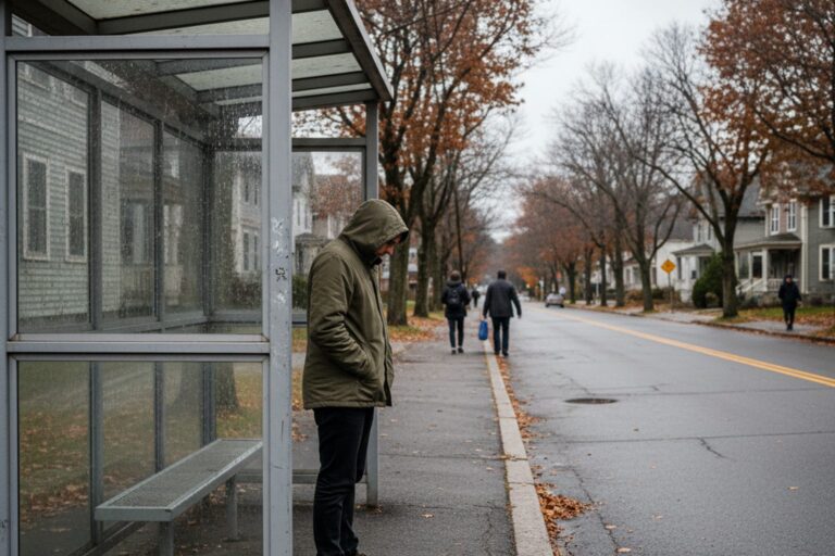 A person in their 30s wearing a simple jacket stands at a bus stop shelter, looking down the empty street.