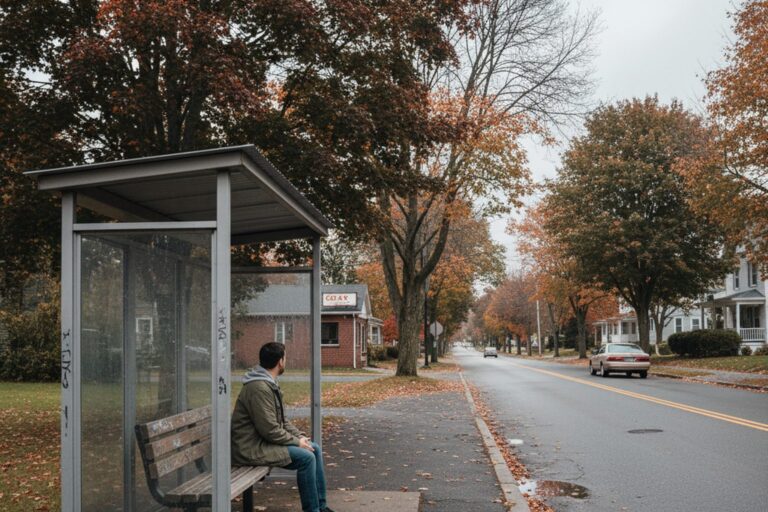 A person in their 30s wearing a casual jacket sits on a bench at a quiet, empty bus stop, looking out at the street.