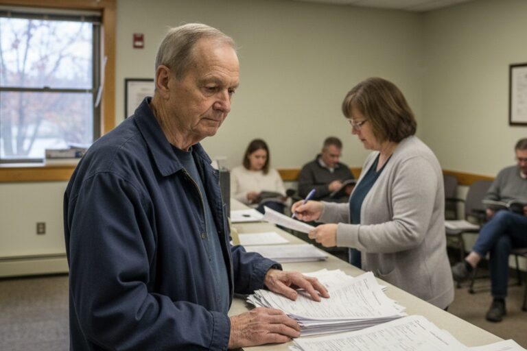 An older person in a plain jacket stands at a counter in a medical billing office, looking at a stack of generic, unreadable paper forms.