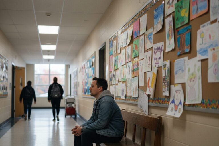 A person in their 30s wearing a light jacket sits alone on a bench in a quiet public school hallway, looking at a wall of student artwork.